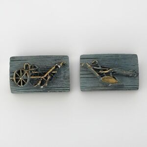 Vintage 3D Farm Equipment Wall Plaques Set of 2 Rustic Plow & Drill Decor